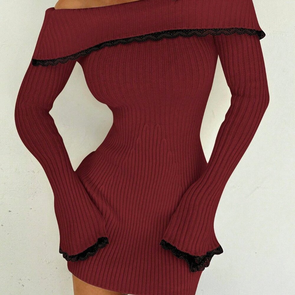 Red Elegant Women's Lace Dress - Picture 6 of 7